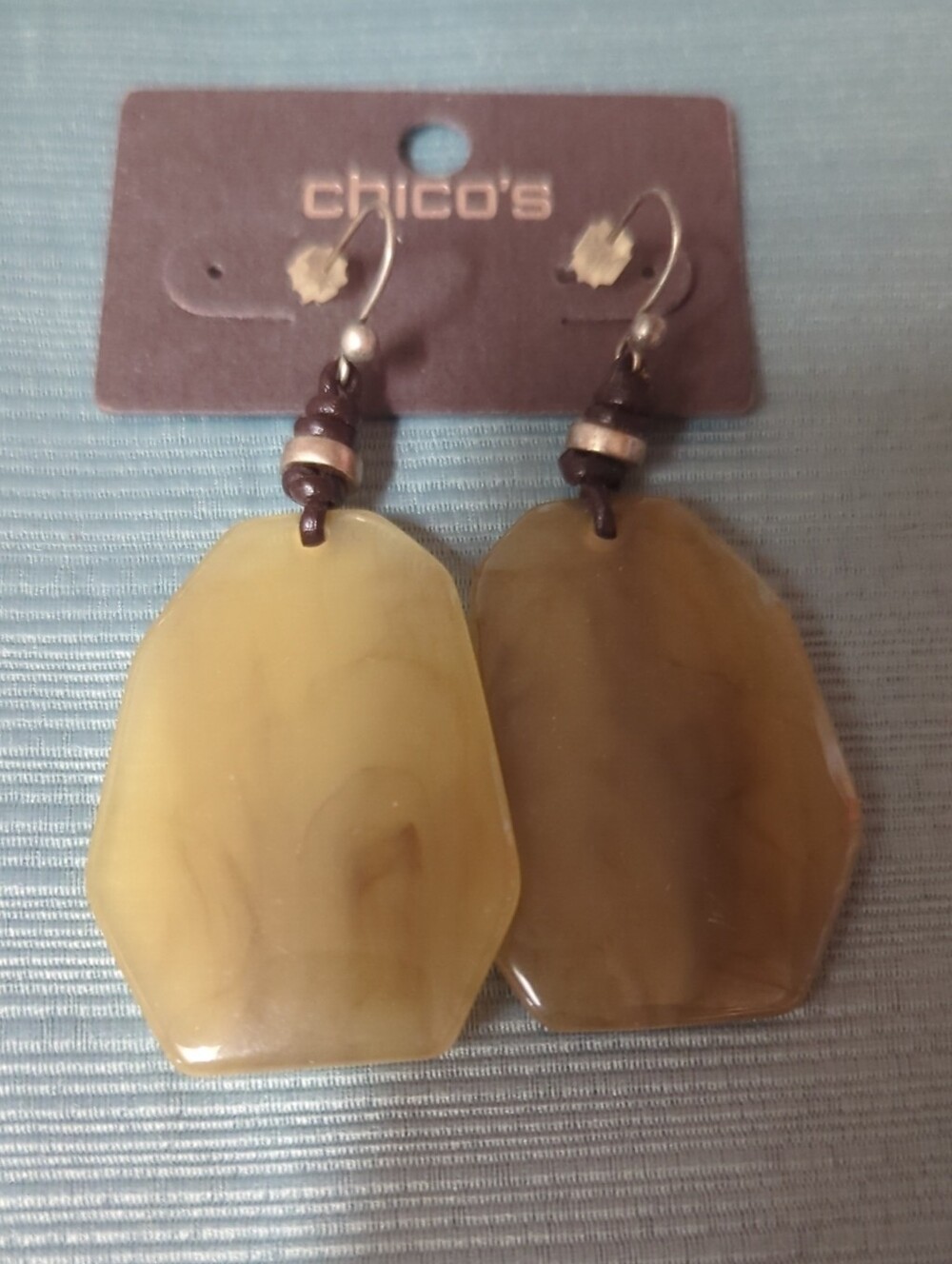 Chico's Marbled Cream/Tan Hexagon Drop Earrings with Brown Accents